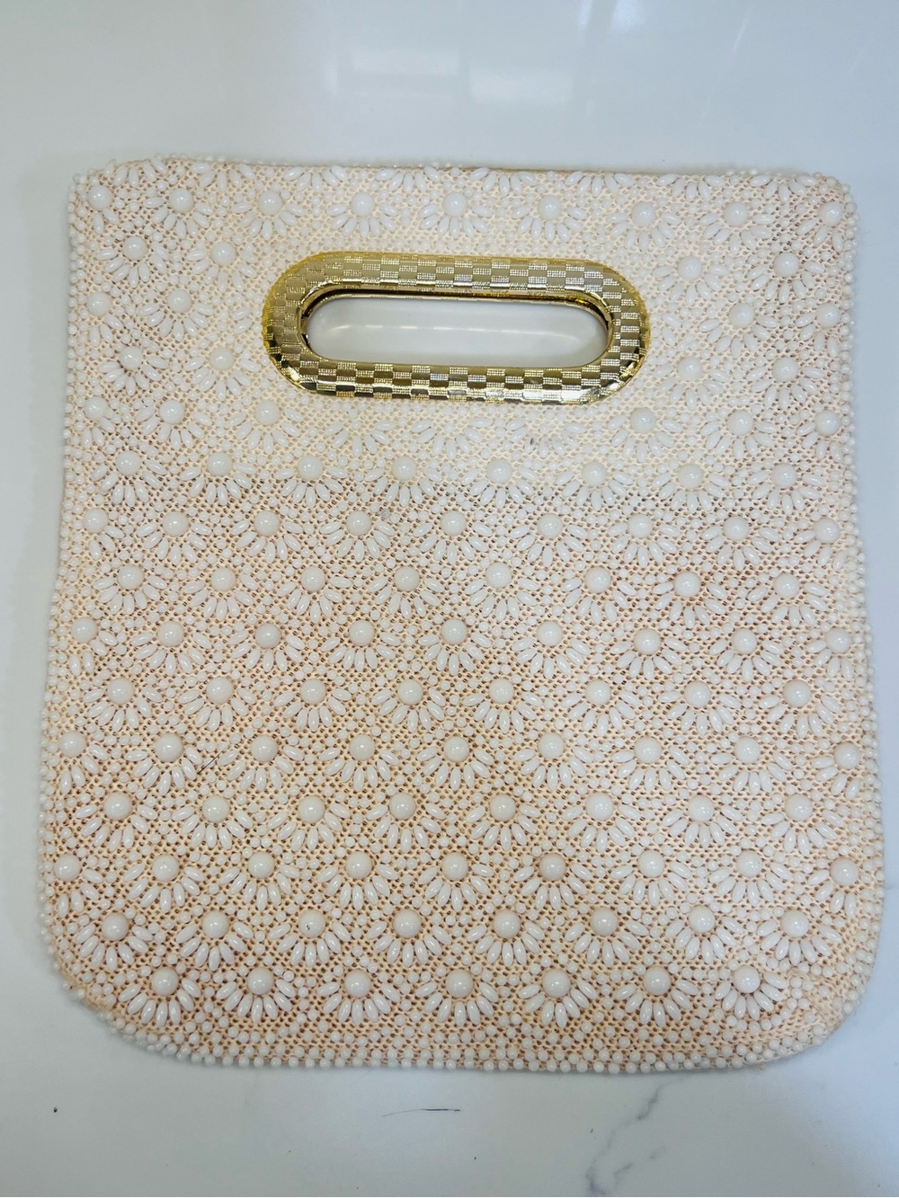 Vintage 1960s White Beaded Clutch Hand Bag Purse Gold Framed Cut Out Handle